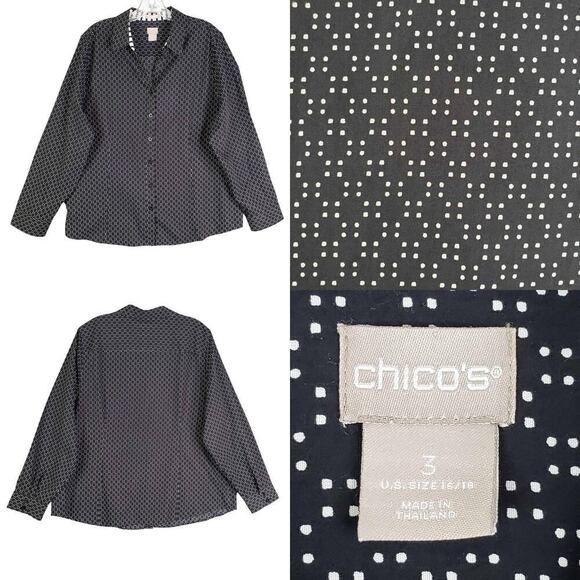 Chicos Shirt Women’s Button Down Long Sleeve Size 3 US XL Black Geometric - Picture 1 of 9
